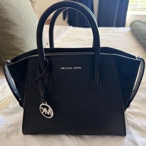 Michael Kors Black Leather Satchel with Silver-Tone Charm